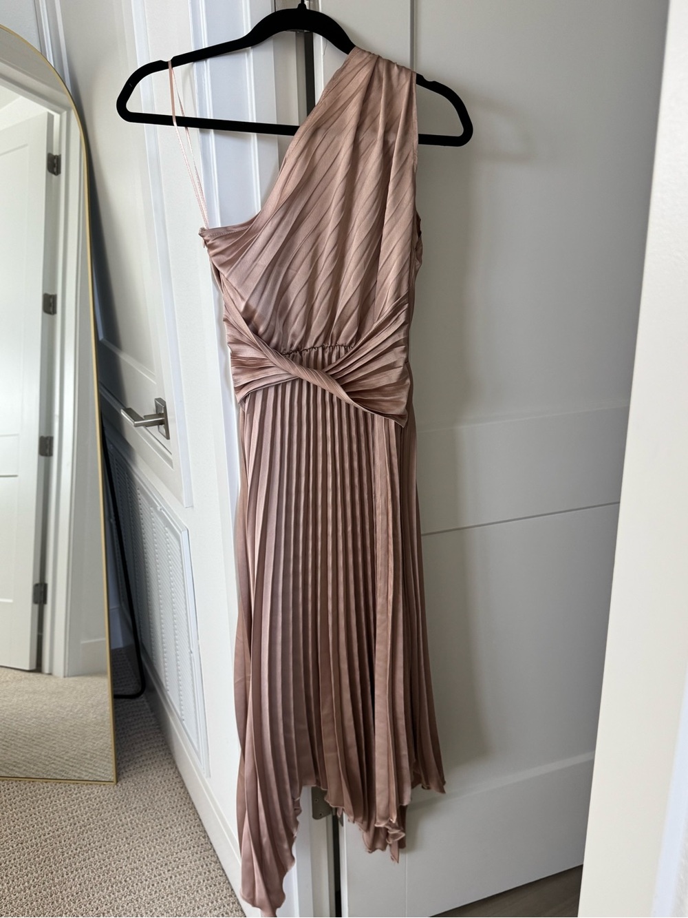 Asymmetric Pleated Midi Dress in Blush Taupe